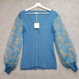 Sioni Women's Top Airforce Blue Medium Floral Sheer Sleeve Fairy Cottage‎